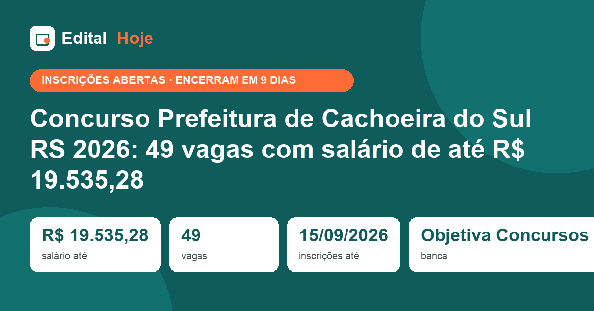 Concurso Prefeitura de Cachoeira do Sul RS 2026: 49 vagas com salário de até R$ 19.535,28