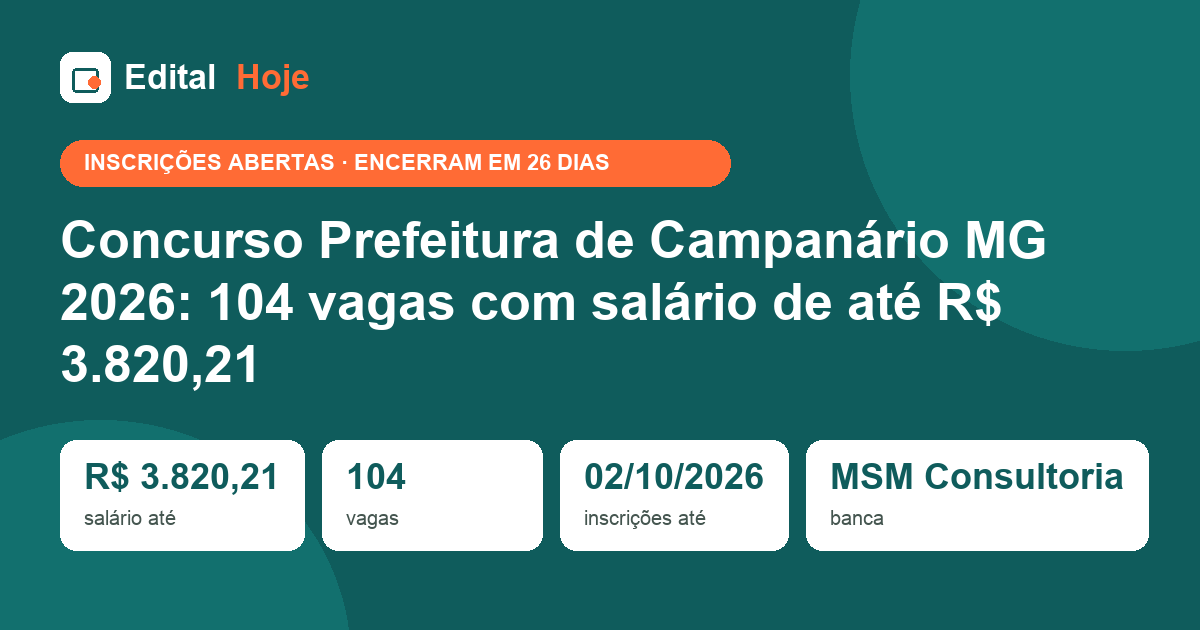 Concurso Prefeitura de Campanário MG 2026: 104 vagas com salário de até R$ 3.820,21