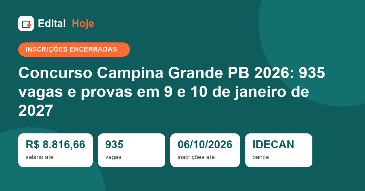 Concurso Campina Grande PB 2026: inscrições encerradas, prova em 09/01/2027 — veja o que cai e como se preparar