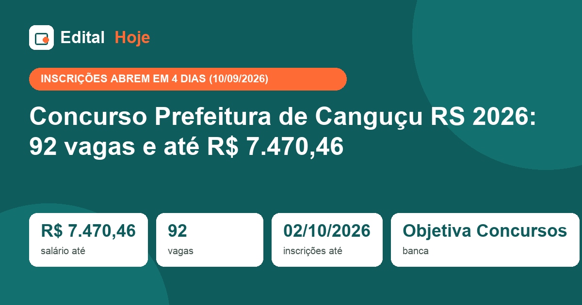 Concurso Prefeitura de Canguçu RS 2026: 92 vagas e até R$ 7.470,46