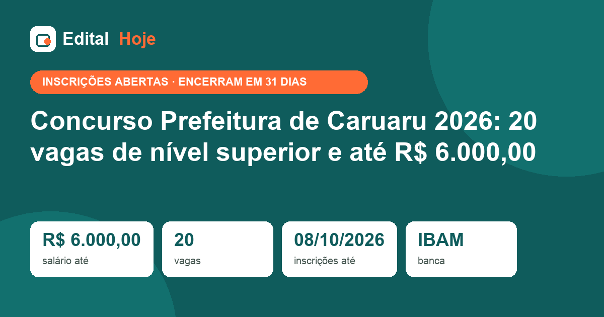 Concurso Prefeitura de Caruaru 2026: 20 vagas de nível superior e até R$ 6.000,00