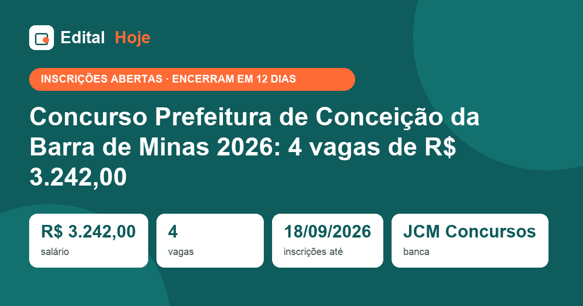 Concurso Prefeitura de Conceição da Barra de Minas 2026: 4 vagas de R$ 3.242,00