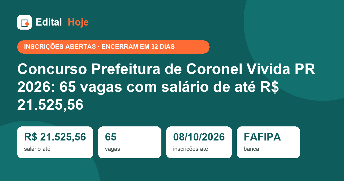 Concurso Prefeitura de Coronel Vivida PR 2026: 65 vagas com salário de até R$ 21.525,56