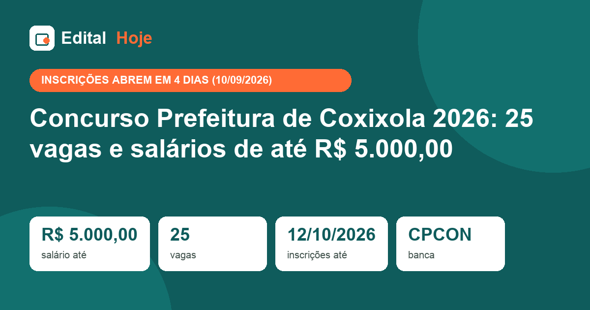 Concurso Prefeitura de Coxixola 2026: 25 vagas e salários de até R$ 5.000,00
