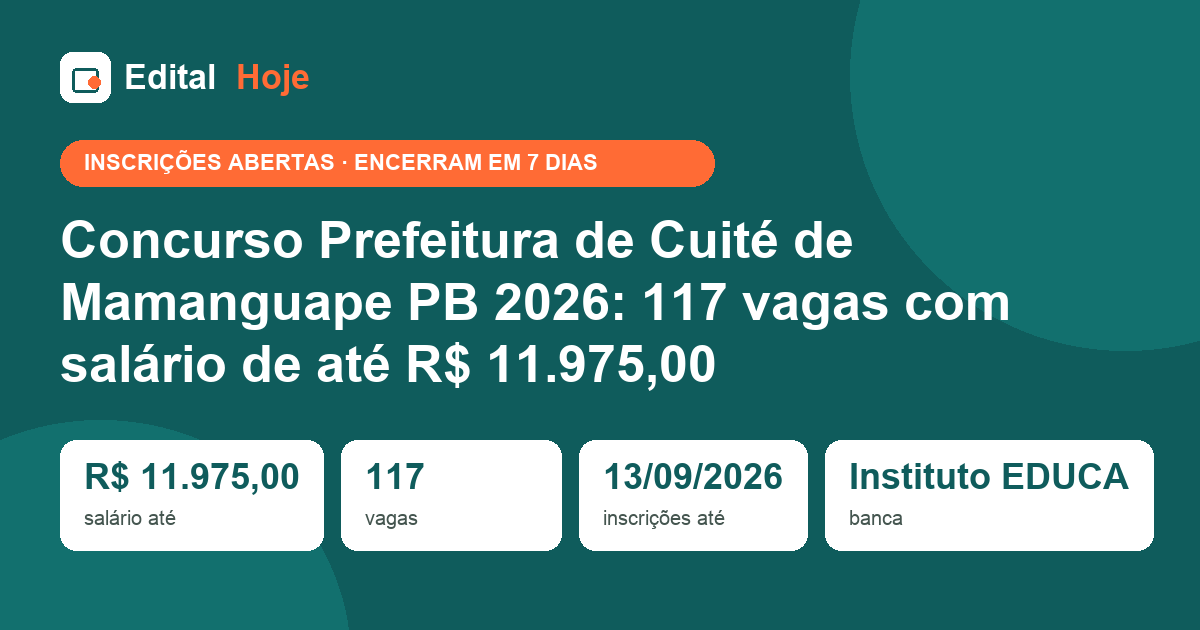 Concurso Prefeitura de Cuité de Mamanguape PB 2026: 117 vagas com salário de até R$ 11.975,00