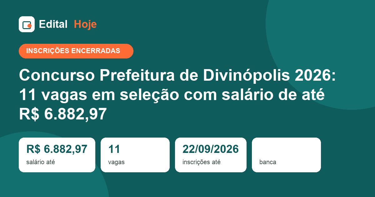 Concurso Prefeitura de Divinópolis 2026: inscrições encerradas em 22/09/2026 — etapas, cargos e salários