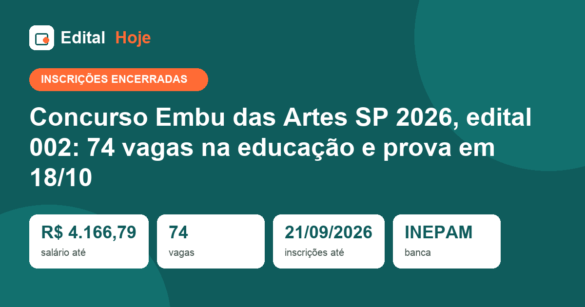 Concurso Embu das Artes 2026: prova aplicada em 18/10/2026 — gabarito, resultado e o que vem depois