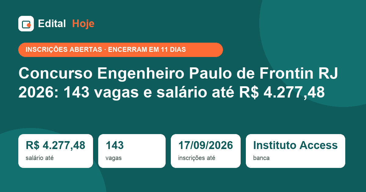 Concurso Engenheiro Paulo de Frontin RJ 2026: 143 vagas e salário até R$ 4.277,48