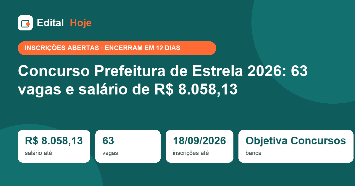 Concurso Prefeitura de Estrela 2026: 63 vagas e salário de R$ 8.058,13