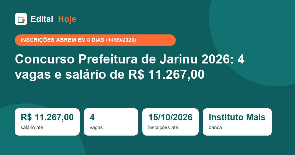 Concurso Prefeitura de Jarinu 2026: 4 vagas e salário de R$ 11.267,00