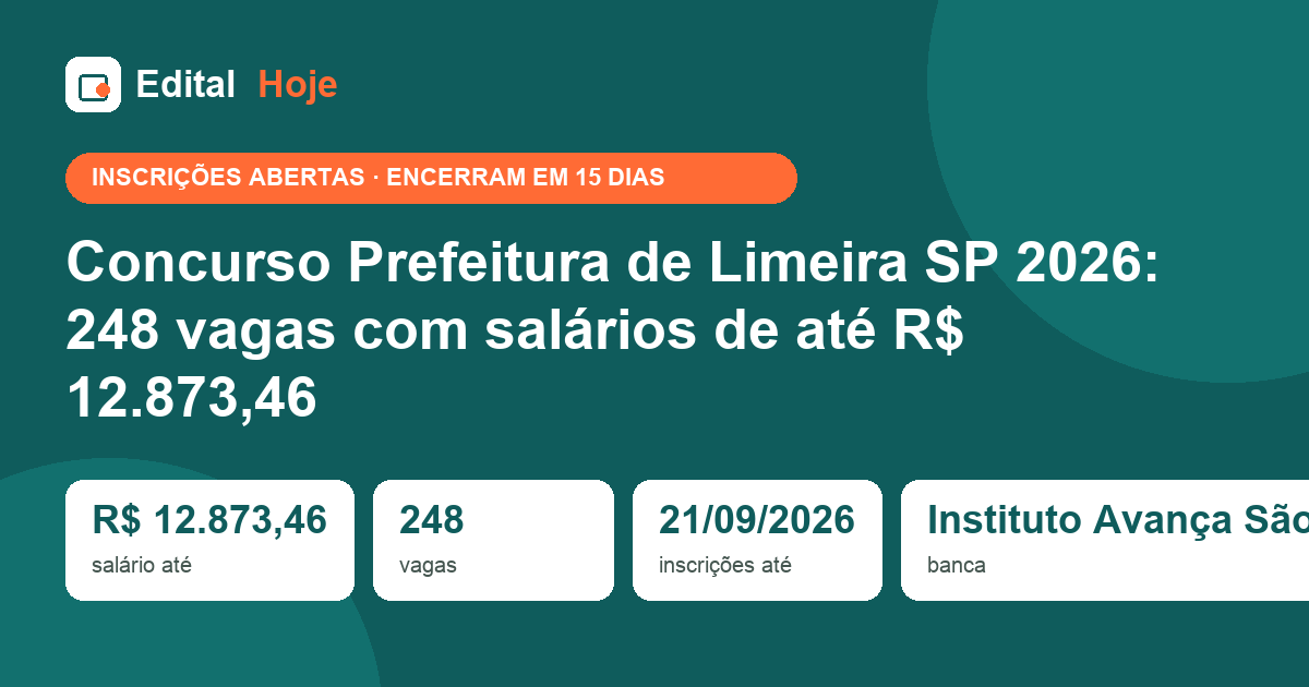 Concurso Prefeitura de Limeira SP 2026: 248 vagas com salários de até R$ 12.873,46