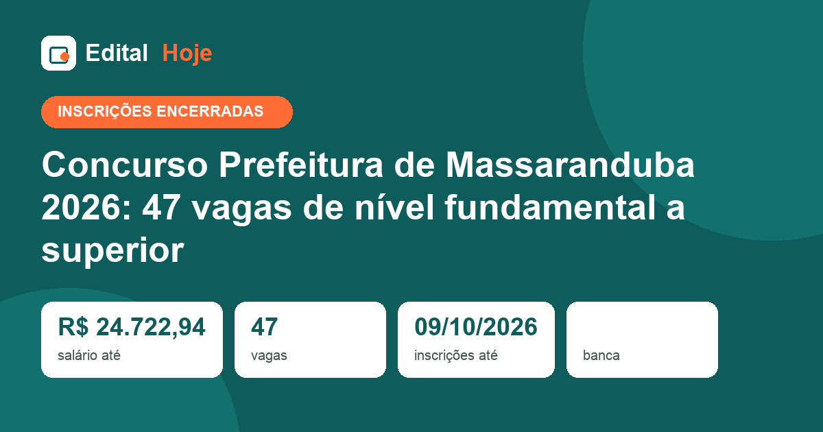 Concurso Prefeitura de Massaranduba 2026: inscrições encerradas, prova em 01/11/2026 — veja o que cai e como se preparar