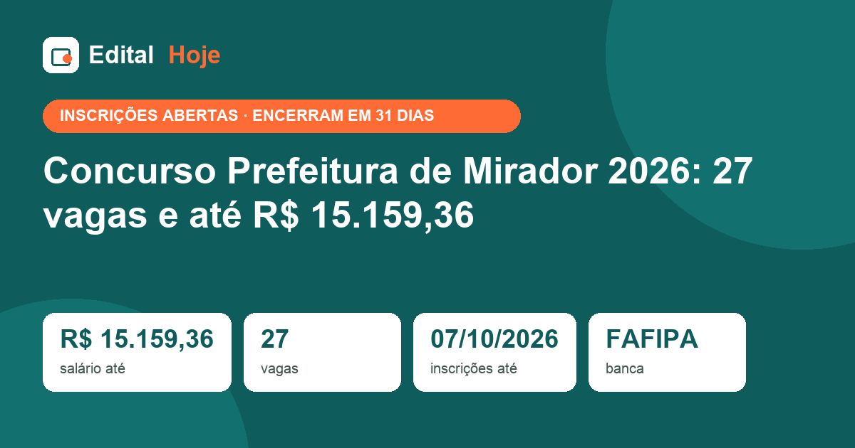 Concurso Prefeitura de Mirador 2026: 27 vagas e até R$ 15.159,36