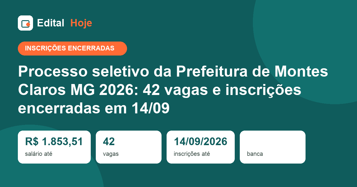 Processo seletivo Prefeitura de Montes Claros MG 2026: inscrições encerradas em 14/09/2026 — etapas, cargos e salários