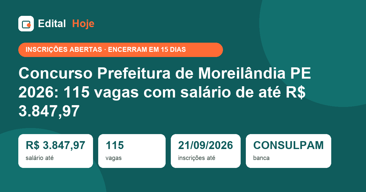 Concurso Prefeitura de Moreilândia PE 2026: 115 vagas com salário de até R$ 3.847,97