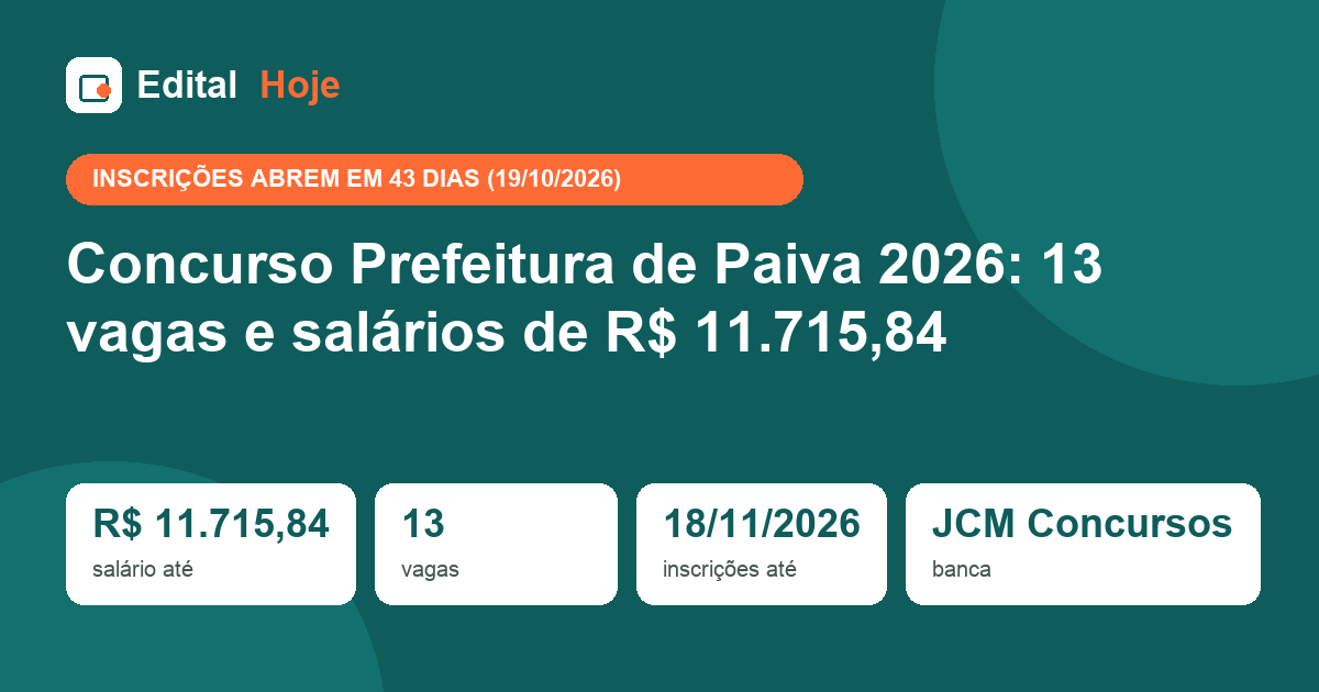 Concurso Prefeitura de Paiva 2026: 13 vagas e salários de R$ 11.715,84