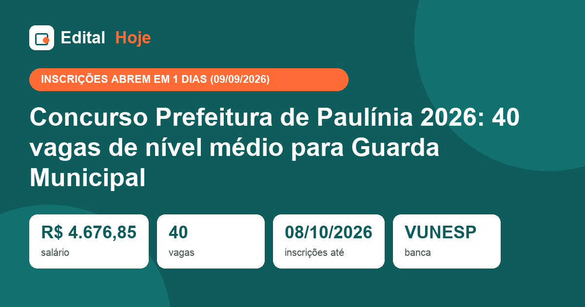 Concurso Prefeitura de Paulínia 2026: 40 vagas de nível médio para Guarda Municipal