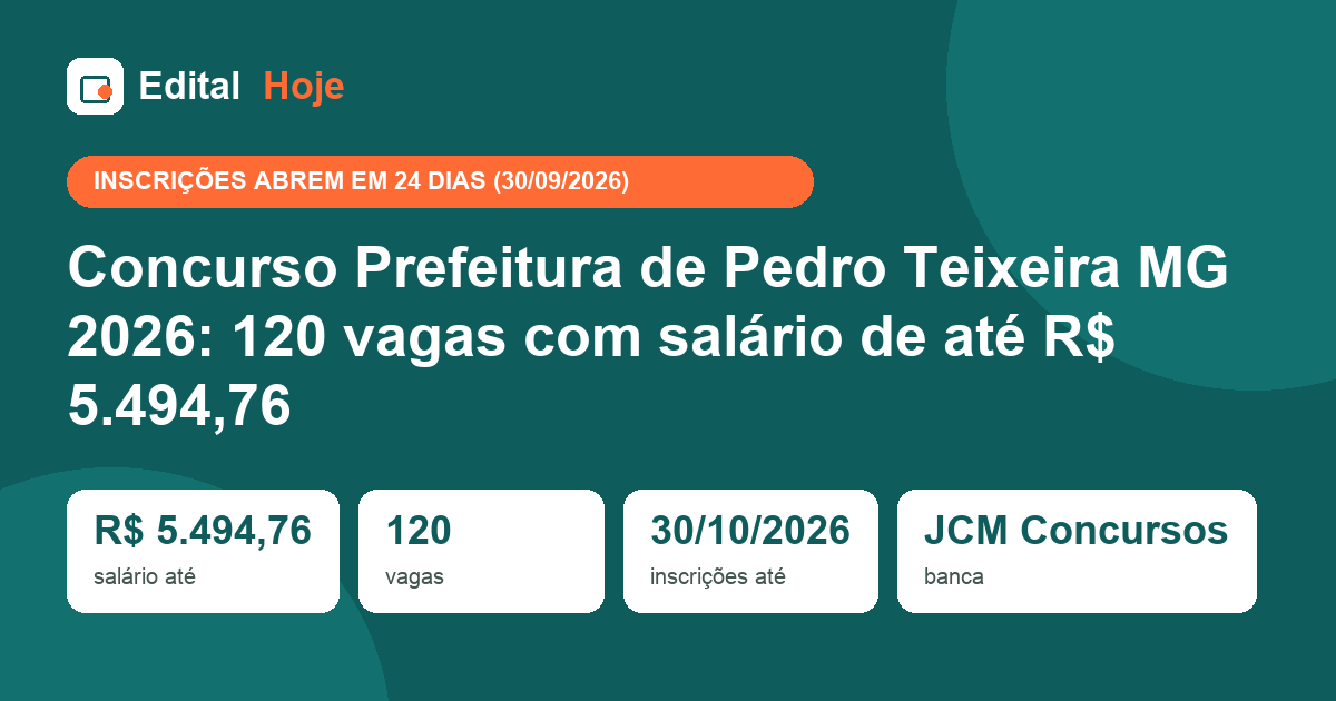 Concurso Prefeitura de Pedro Teixeira MG 2026: 120 vagas com salário de até R$ 5.494,76