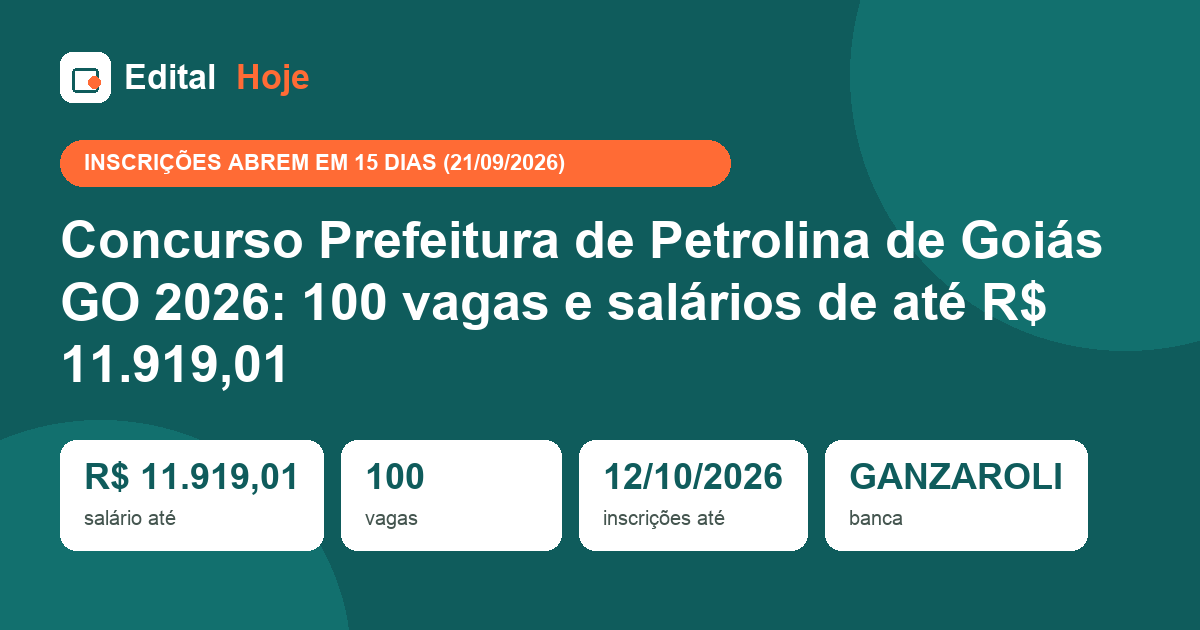 Concurso Prefeitura de Petrolina de Goiás GO 2026: 100 vagas e salários de até R$ 11.919,01