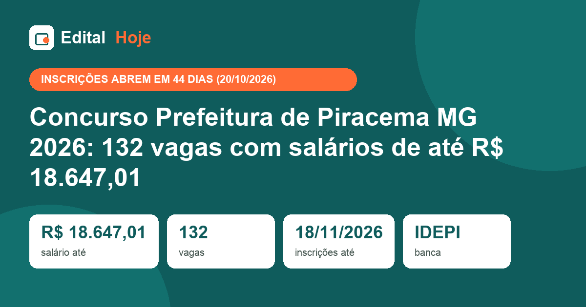 Concurso Prefeitura de Piracema MG 2026: 132 vagas com salários de até R$ 18.647,01
