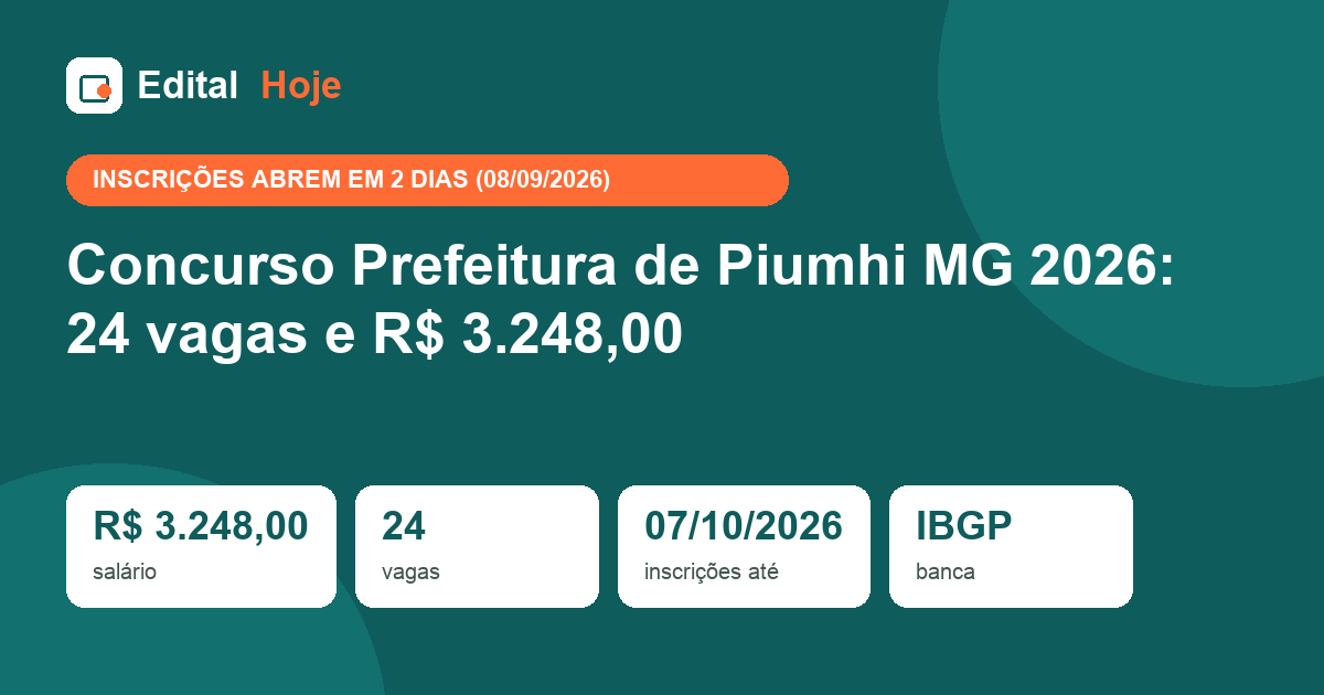 Concurso Prefeitura de Piumhi MG 2026: 24 vagas e R$ 3.248,00