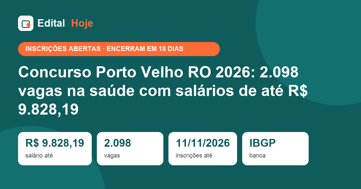 Concurso Porto Velho RO 2026: 2.098 vagas na saúde com salários de até R$ 9.828,19