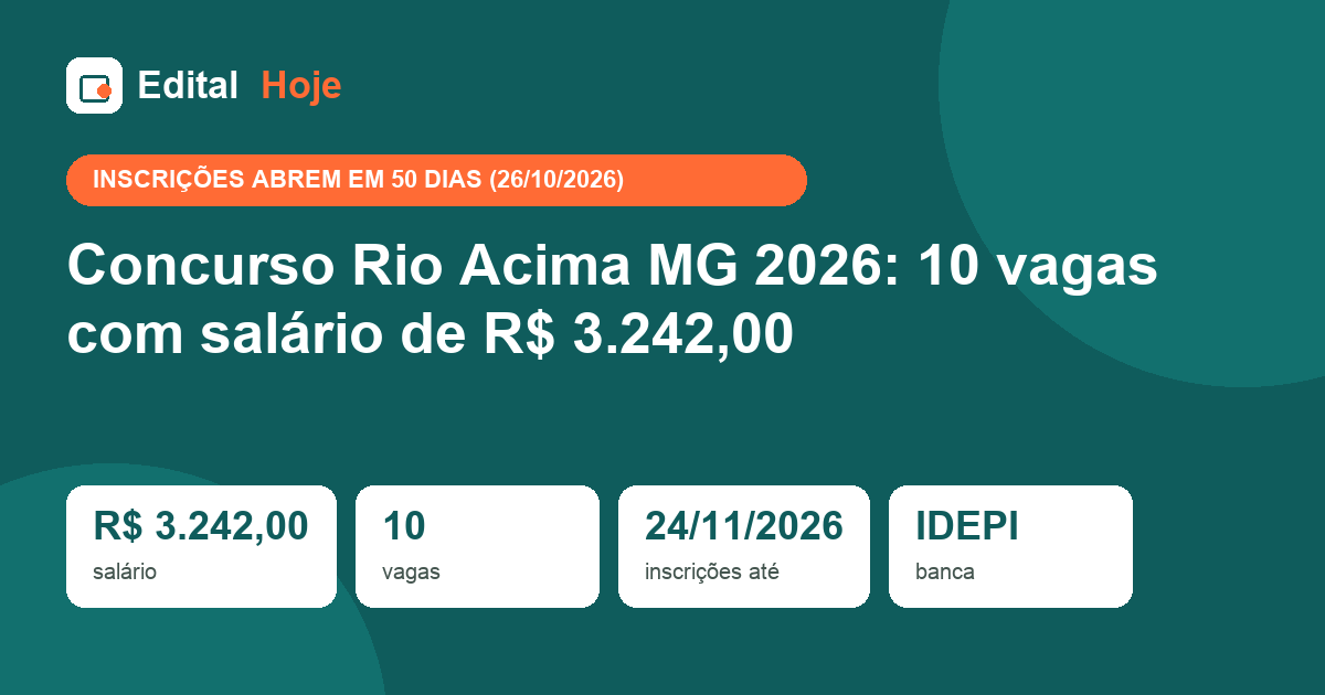 Concurso Rio Acima MG 2026: 10 vagas com salário de R$ 3.242,00