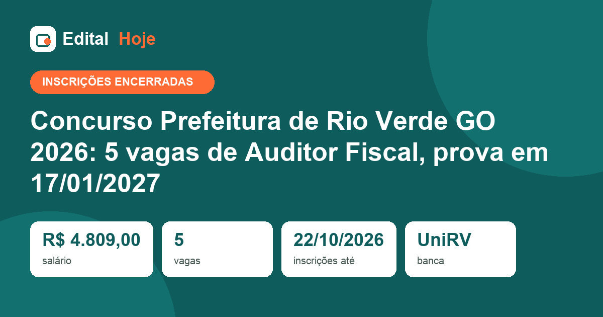 Concurso Rio Verde GO 2026: inscrições encerradas, prova em 17/01/2027 — veja o que cai e como se preparar