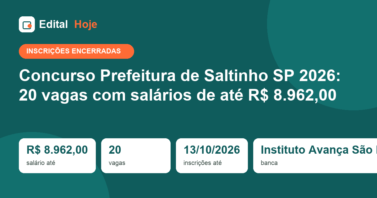 Concurso Prefeitura de Saltinho SP 2026: inscrições encerradas, prova em 06/12/2026 — veja o que cai e como se preparar