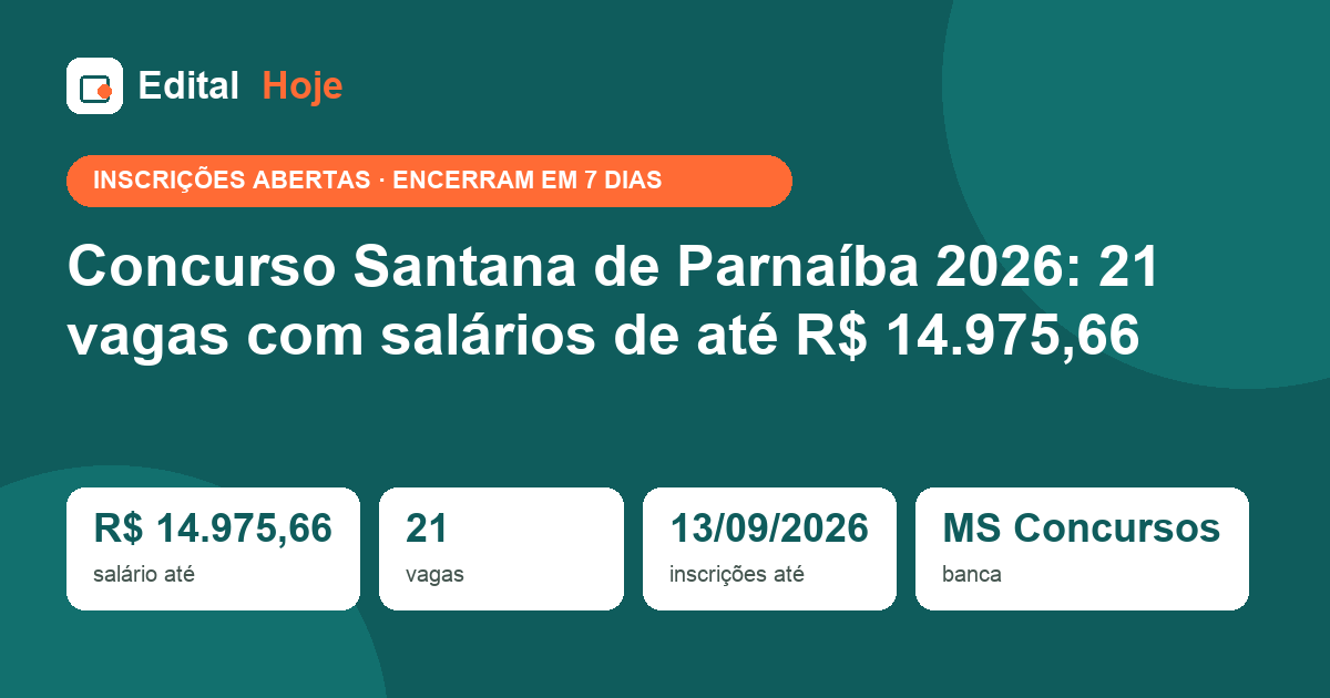 Concurso Santana de Parnaíba 2026: 21 vagas com salários de até R$ 14.975,66