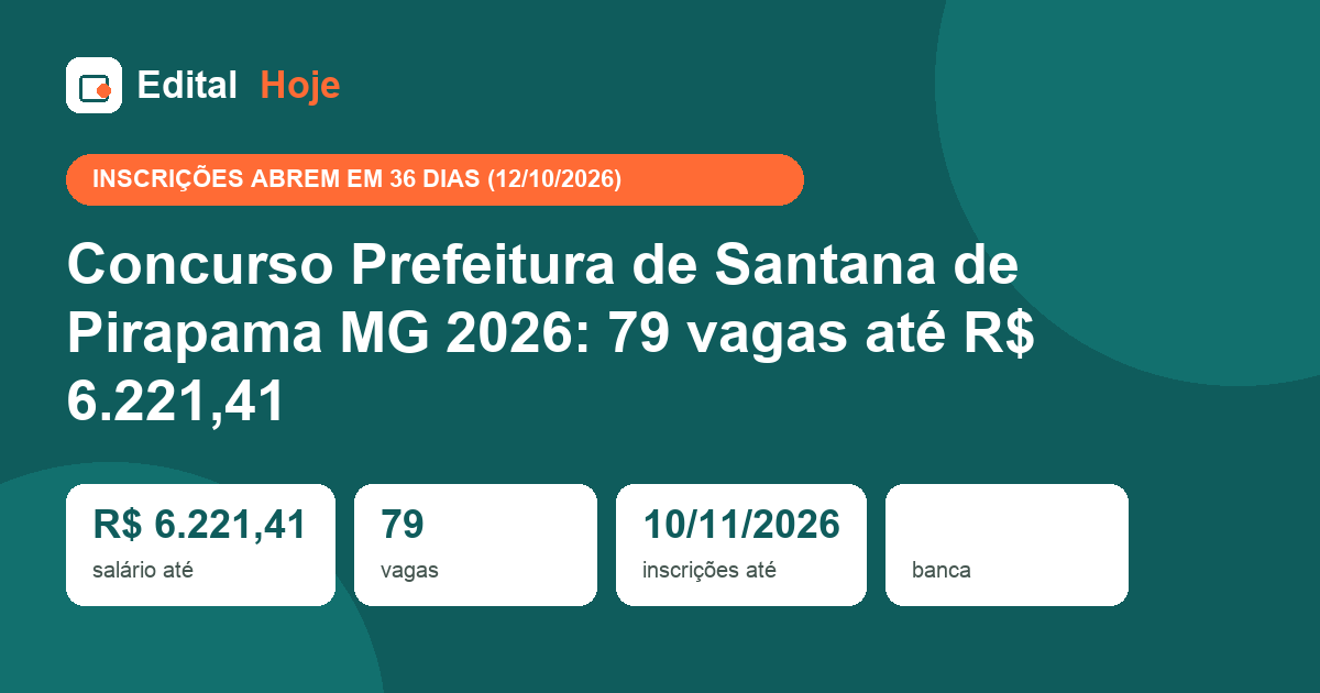 Concurso Prefeitura de Santana de Pirapama MG 2026: 79 vagas até R$ 6.221,41