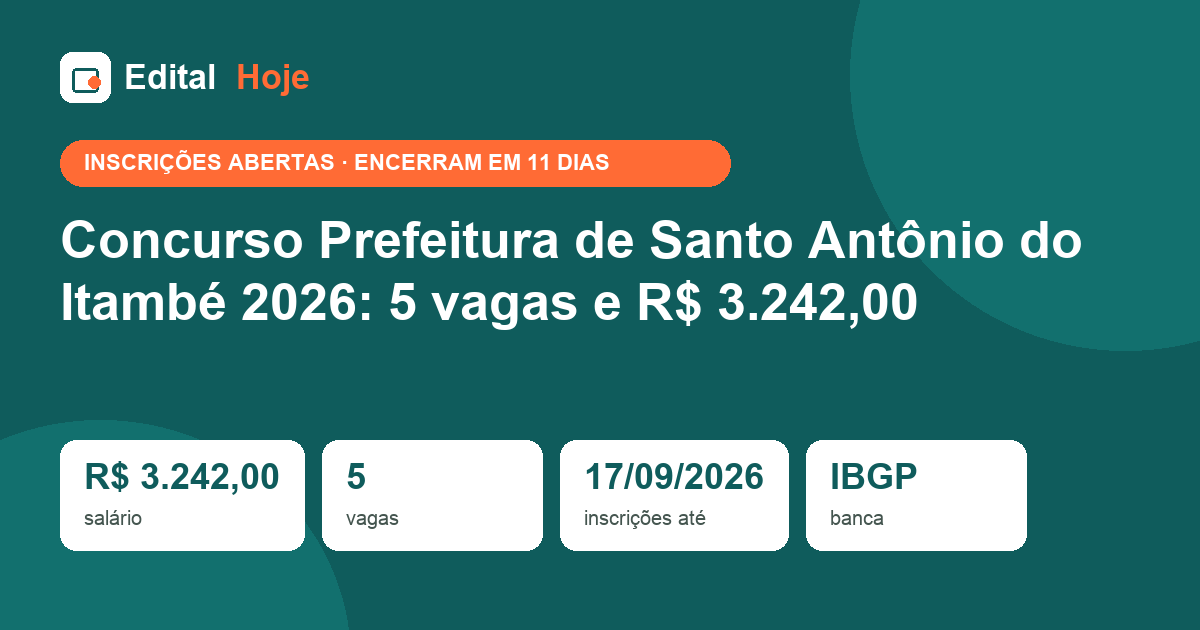 Concurso Prefeitura de Santo Antônio do Itambé 2026: 5 vagas e R$ 3.242,00