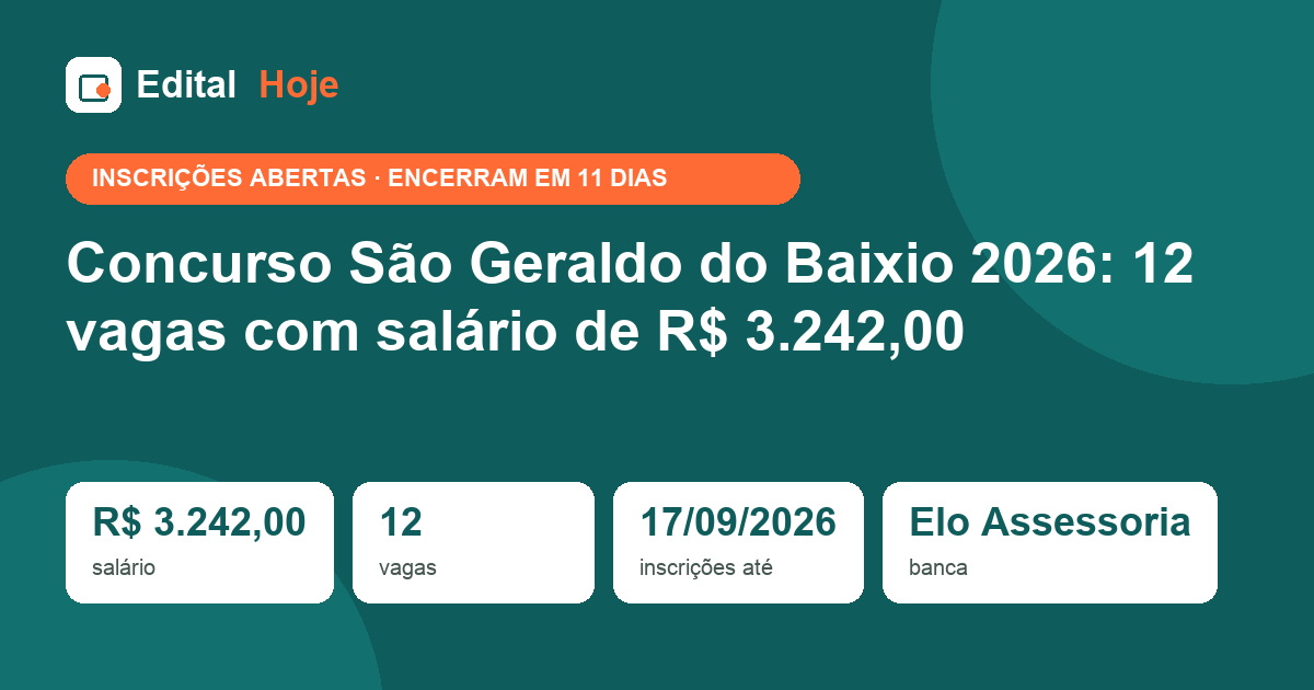 Concurso São Geraldo do Baixio 2026: 12 vagas com salário de R$ 3.242,00