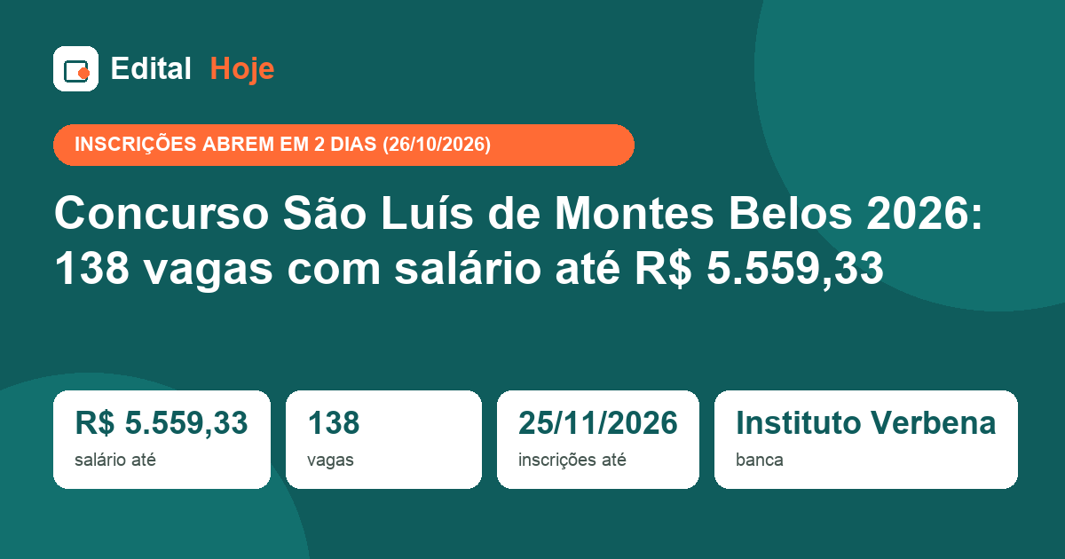 Concurso São Luís de Montes Belos 2026: 138 vagas com salário até R$ 5.559,33