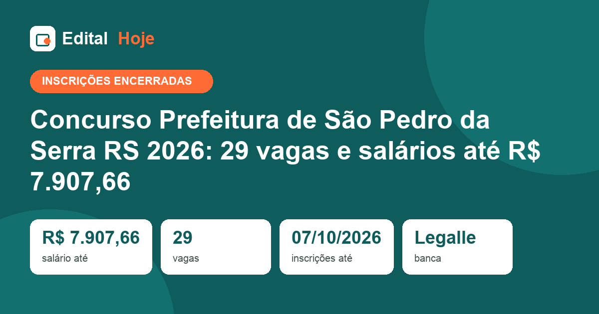 Concurso Prefeitura de São Pedro da Serra RS 2026: inscrições encerradas, prova em 08/11/2026 — veja o que cai e como se preparar