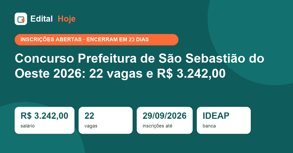 Concurso Prefeitura de São Sebastião do Oeste 2026: 22 vagas e R$ 3.242,00
