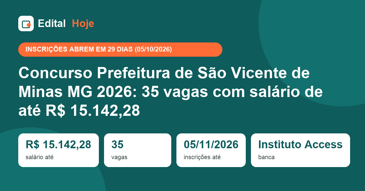 Concurso Prefeitura de São Vicente de Minas MG 2026: 35 vagas com salário de até R$ 15.142,28