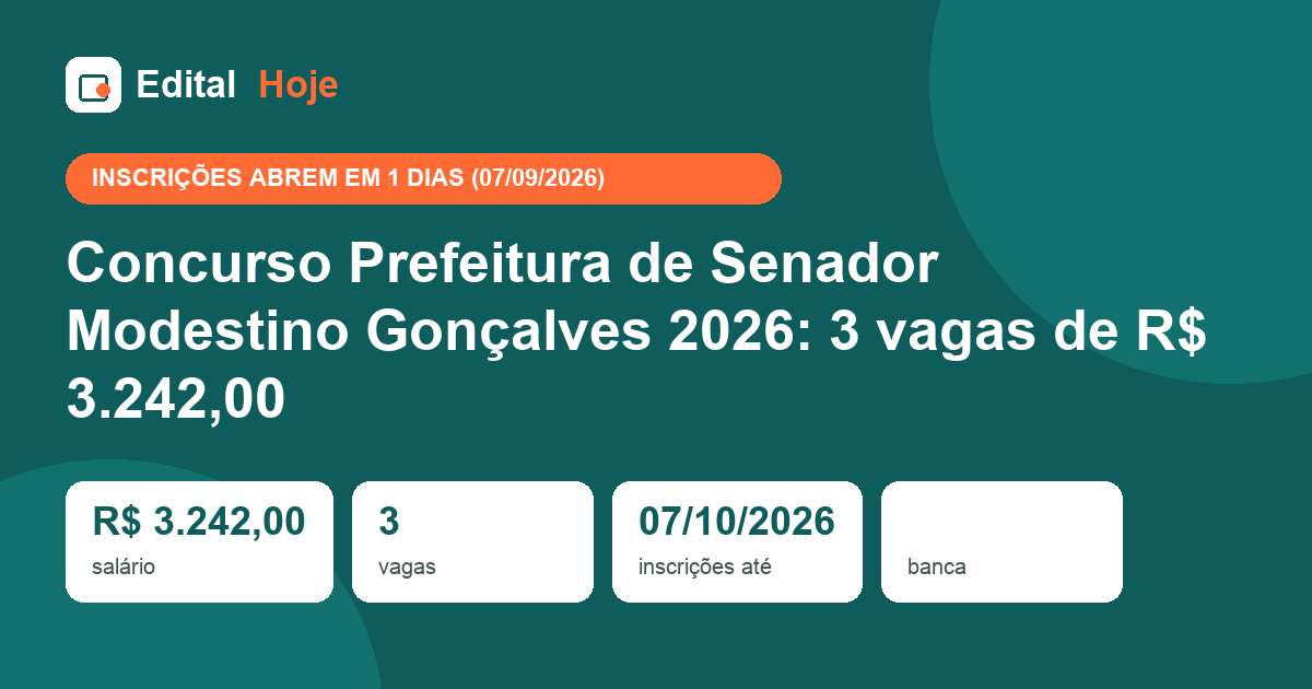 Concurso Prefeitura de Senador Modestino Gonçalves 2026: 3 vagas de R$ 3.242,00