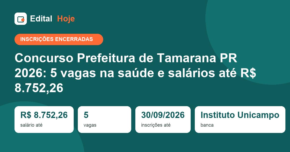 Concurso Prefeitura de Tamarana PR 2026: inscrições encerradas, prova em 25/10/2026 — veja o que cai e como se preparar