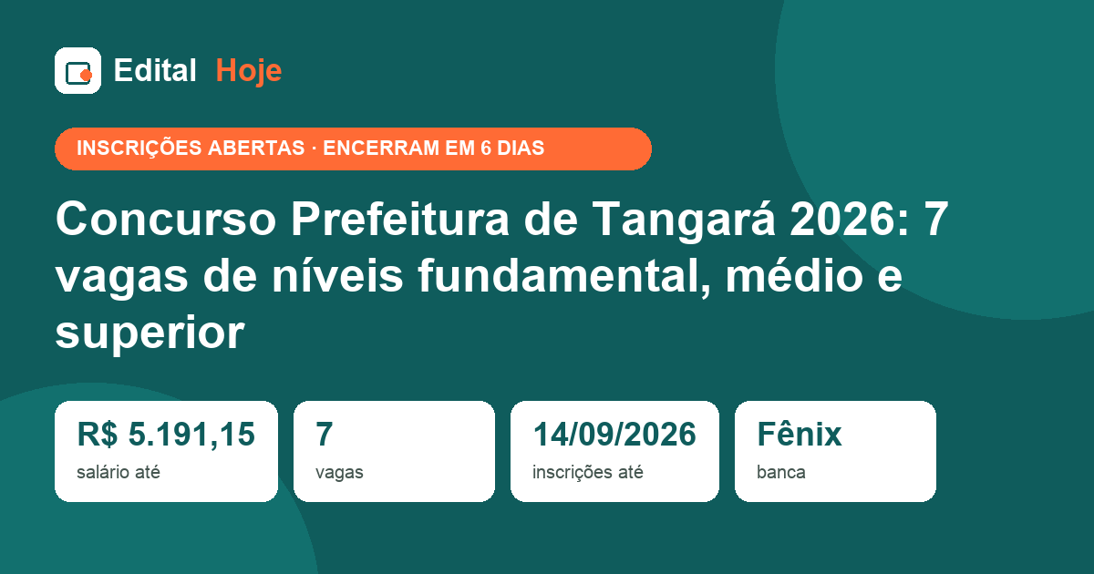 Concurso Prefeitura de Tangará 2026: 7 vagas de níveis fundamental, médio e superior