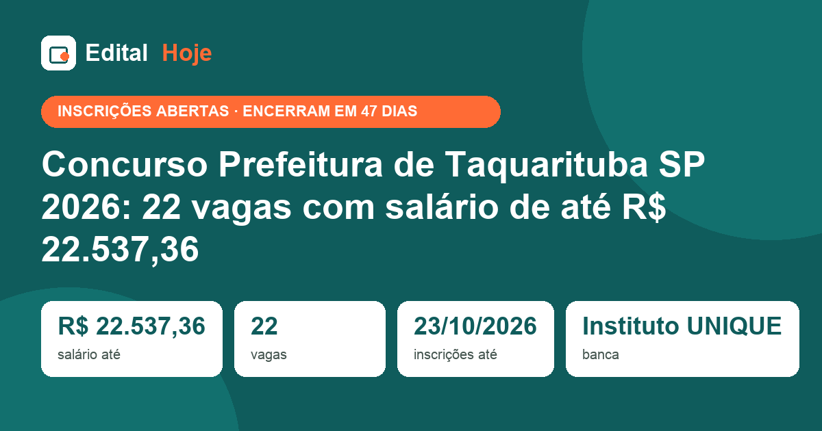 Concurso Prefeitura de Taquarituba SP 2026: 22 vagas com salário de até R$ 22.537,36