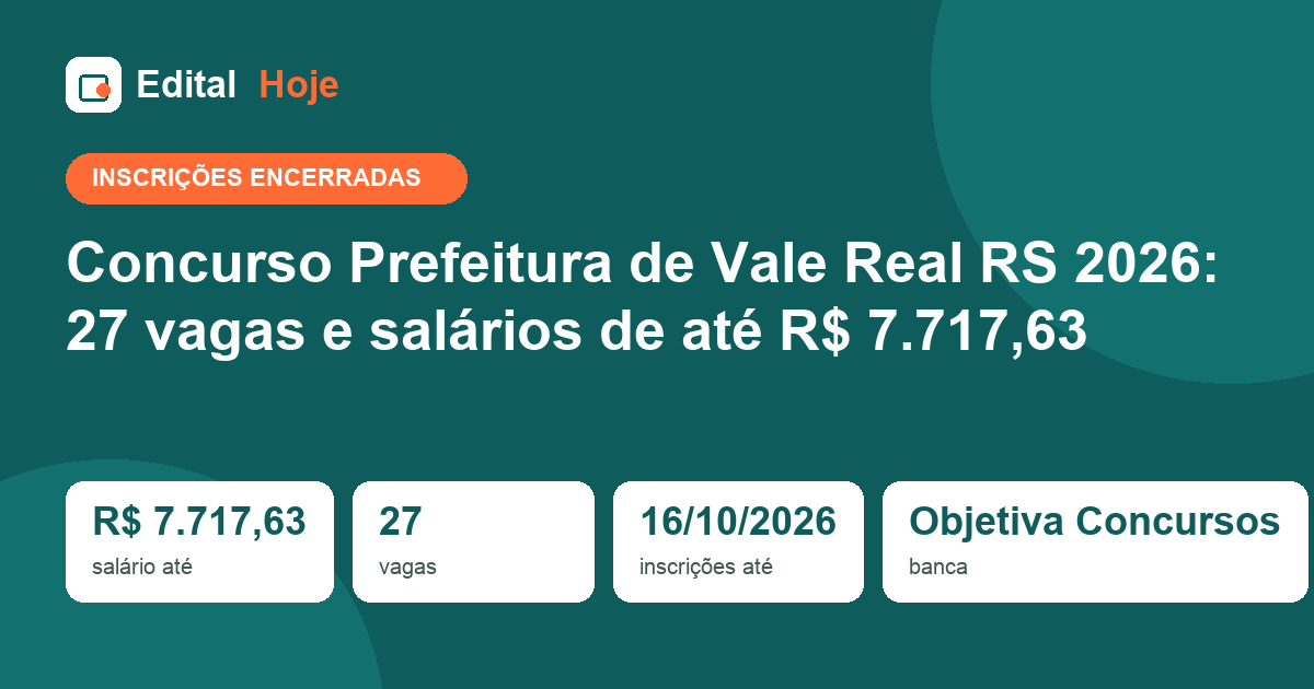 Concurso Prefeitura de Vale Real RS 2026: inscrições encerradas, prova em 13/12/2026 — veja o que cai e como se preparar