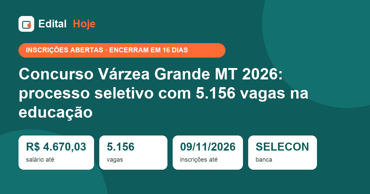 Concurso Várzea Grande MT 2026: processo seletivo com 5.156 vagas na educação