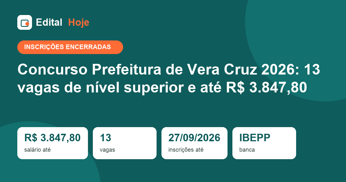 Concurso Prefeitura de Vera Cruz 2026: prova aplicada em 18/10/2026 — gabarito, resultado e o que vem depois
