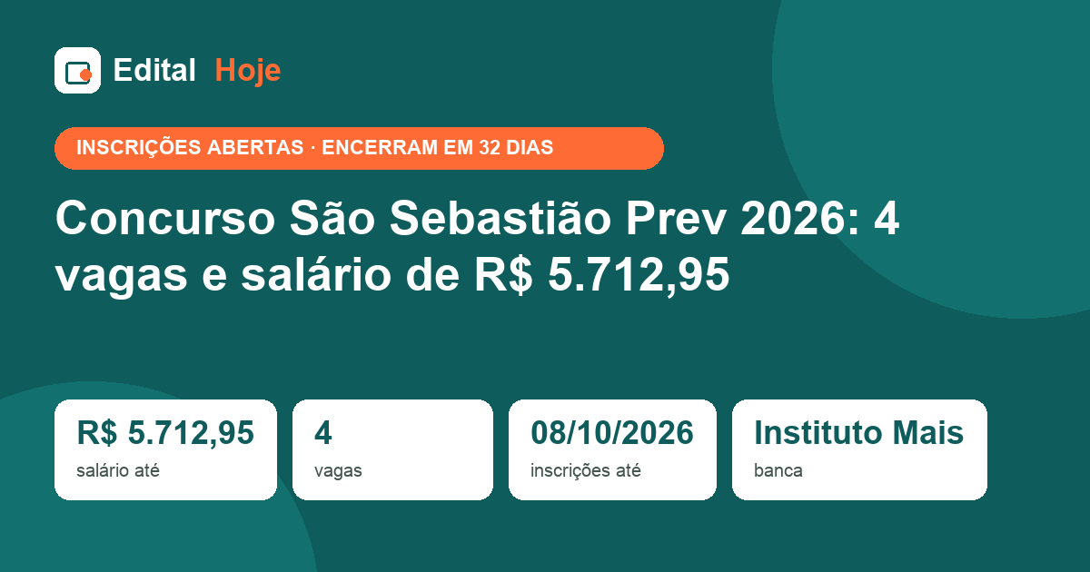 Concurso São Sebastião Prev 2026: 4 vagas e salário de R$ 5.712,95