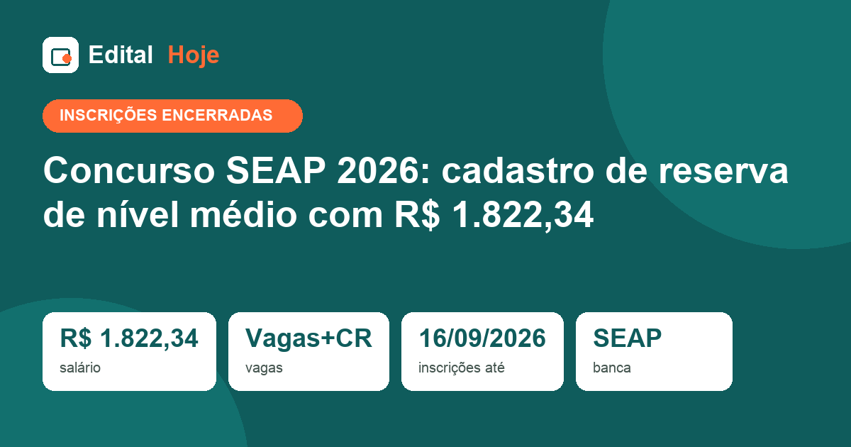 Concurso SEAP 2026: inscrições encerradas em 16/09/2026 — etapas, cargos e salários