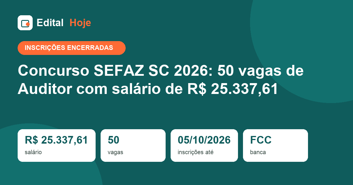 Concurso SEFAZ SC 2026: inscrições encerradas, prova em 22/11/2026 — veja o que cai e como se preparar