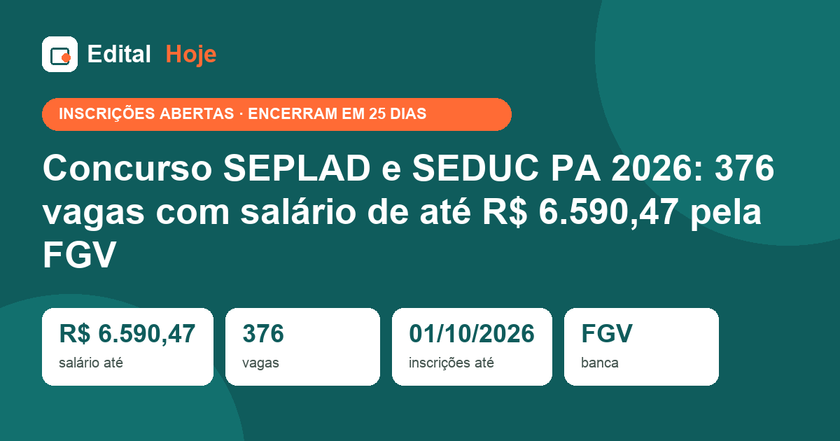 Concurso SEPLAD e SEDUC PA 2026: 376 vagas com salário de até R$ 6.590,47 pela FGV