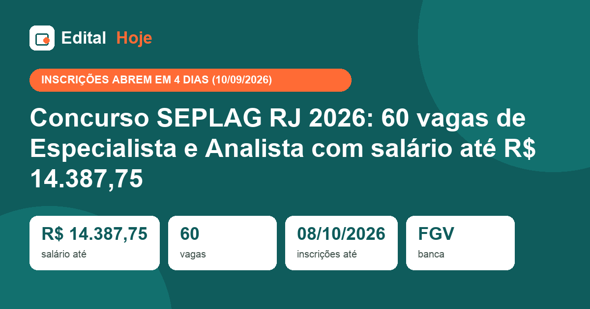 Concurso SEPLAG RJ 2026: 60 vagas de Especialista e Analista com salário até R$ 14.387,75