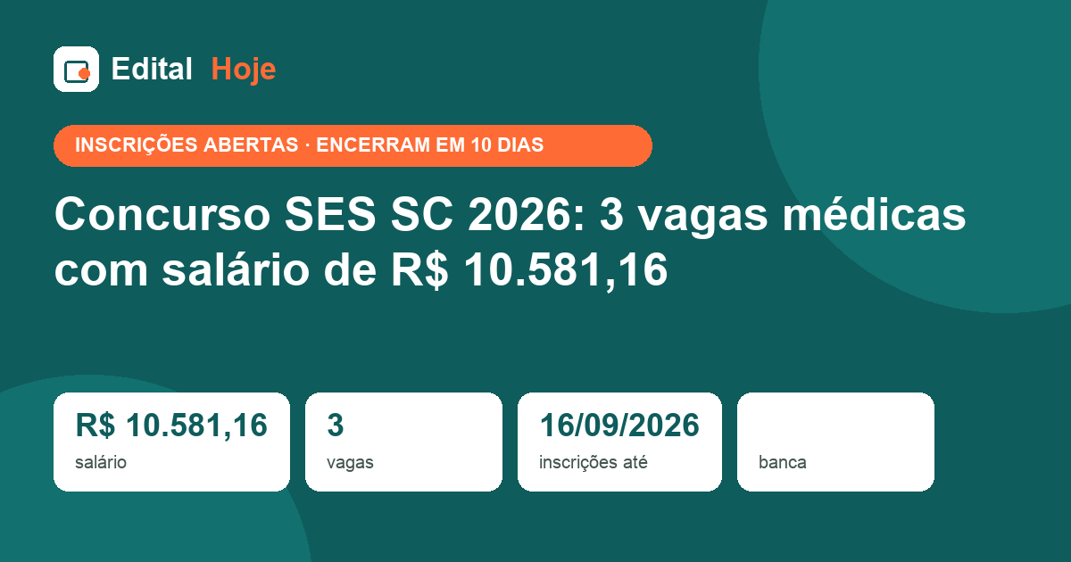 Concurso SES SC 2026: 3 vagas médicas com salário de R$ 10.581,16